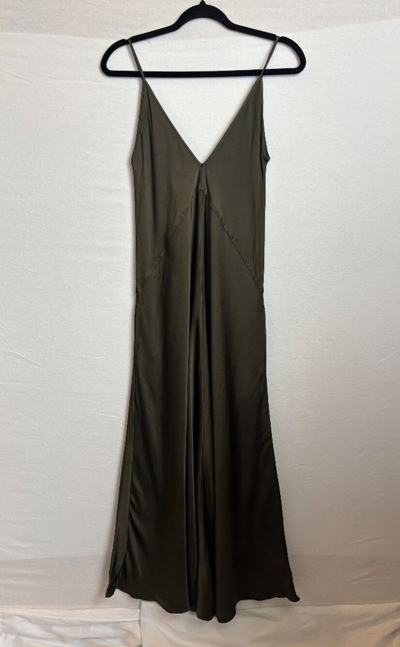Zara Olive Green Satin Slip Maxi Dress V-Neck Minimalist Size S